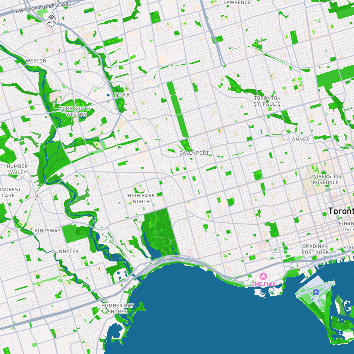 View of toronto that I got from experimenting with mapbox. While I'm not familiar with this area in prticular, I am familiar with the city itself.