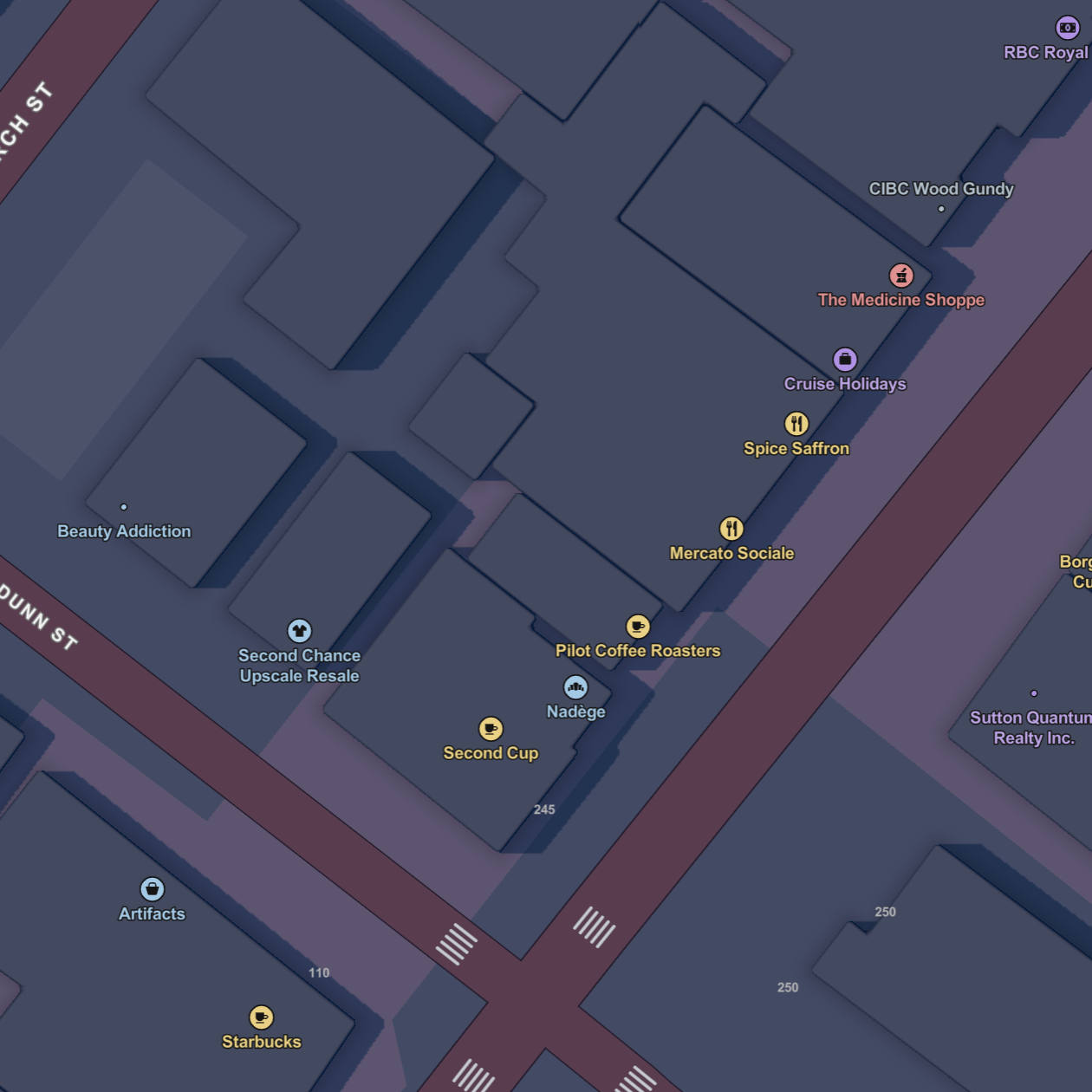 Zoomed in view of the place I work at outside of school part time, I wanted to include this location Or area in particular because
                                                                                        I always joke about how there are several coffee places lined up and now there's proof of that.