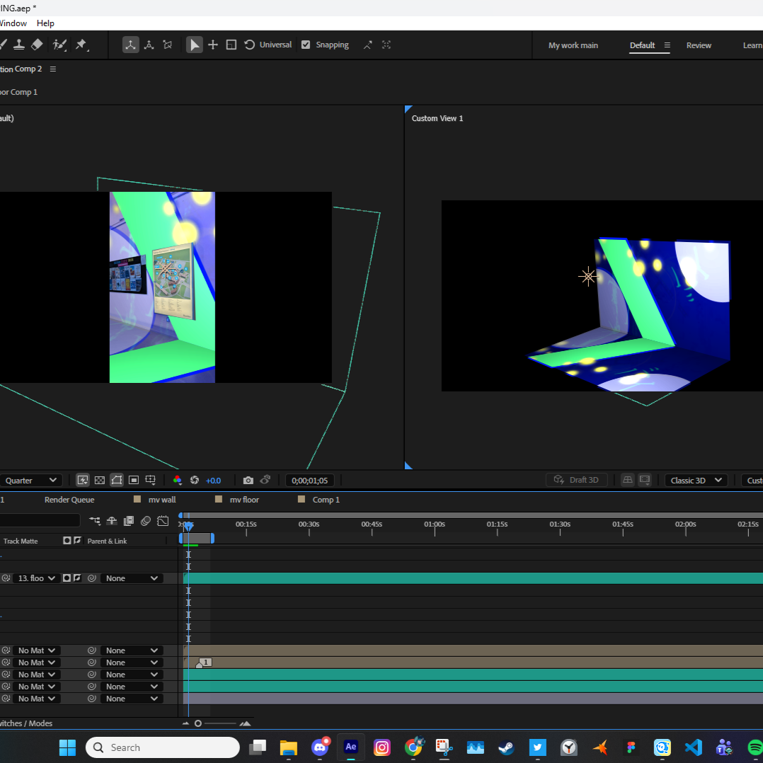 View of my screen when editing. I used two camera to make sure the effects on the walls reflected on each other seamlessly despite being on different layers.