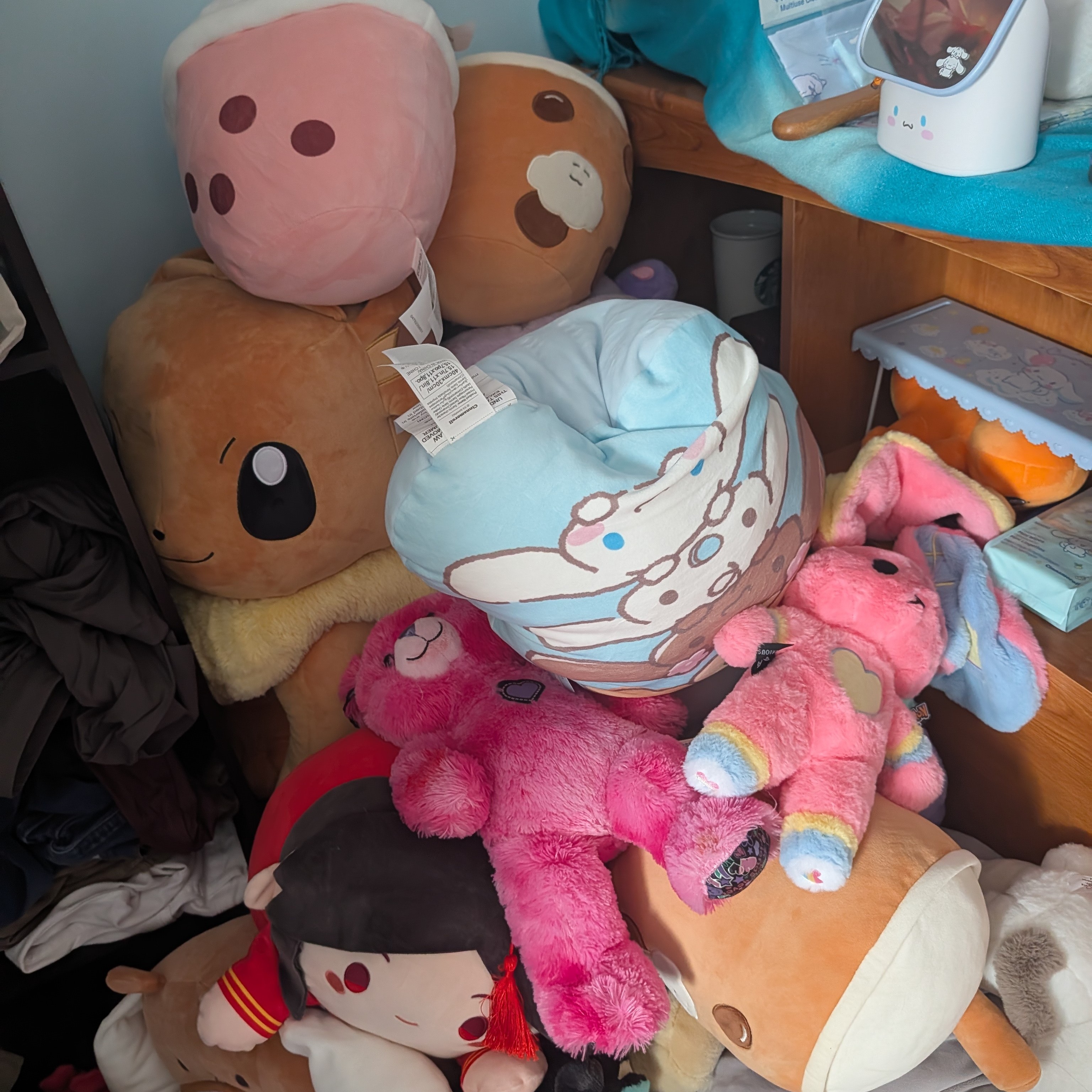 I have a plushie corner in my room that's mostly hidden behind my door. Sometimes I have days where I just lie down and toss one of my plushies at the wall. When I'm upset or having a bad day, there's the rare ocassion that I end up throwing a plushie at the wall and it has a soft thud, or I punch it because I'm extremely excited about something. It's not just anger that triggers this action and noise.<br><audio controls src='Noises/Hitting plushies.m4a'></audio>